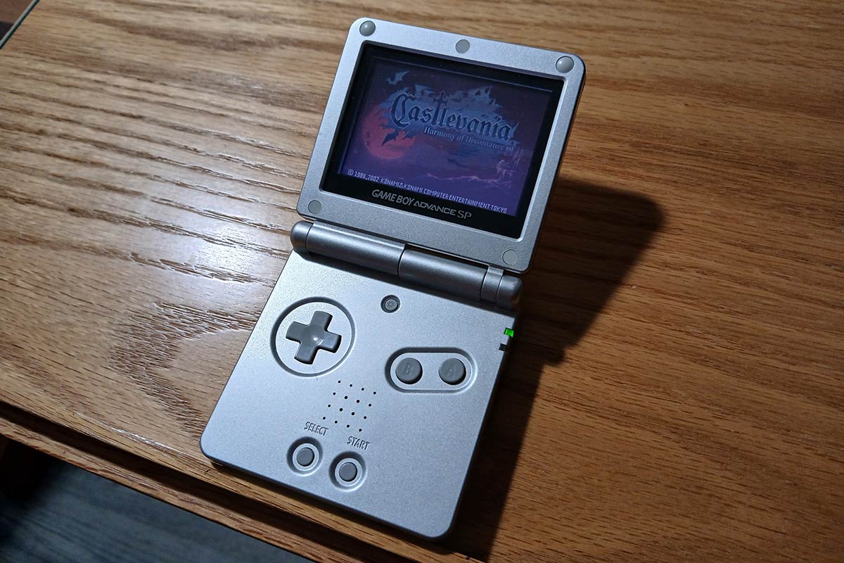 Photo of the Castlevania: Harmony of Dissonance title screen on a Game Boy Advance SP