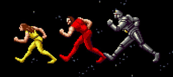 Animation of the three heroes from Alien Storm doing a little running dance during the end credits