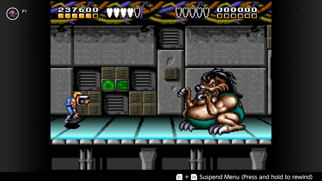 Screenshot of the Big Blag fight at the end of the second stage of Battletoads and Double Dragon