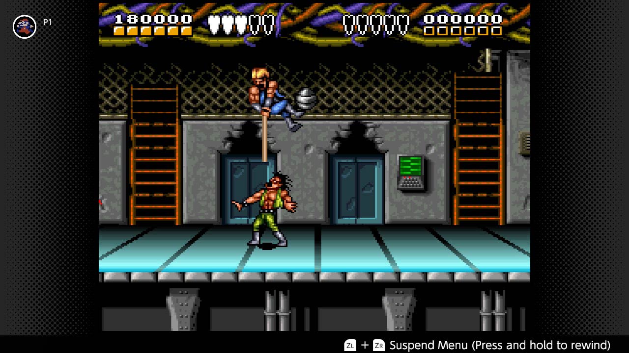 Screenshot of attacking a goon with a walker leg in the second stage of Battletoads and Double Dragon
